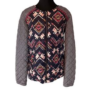 Roxy Quilted Bomber Jacket Geometric Print Full Zip Womens Large Ikat Print Boho